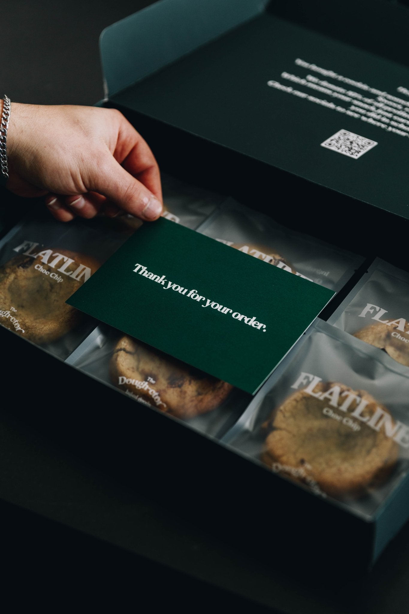 flatline cookies - Flatline cookies in packaging - flatline 6 pack - thank you card - opened box - angled view 