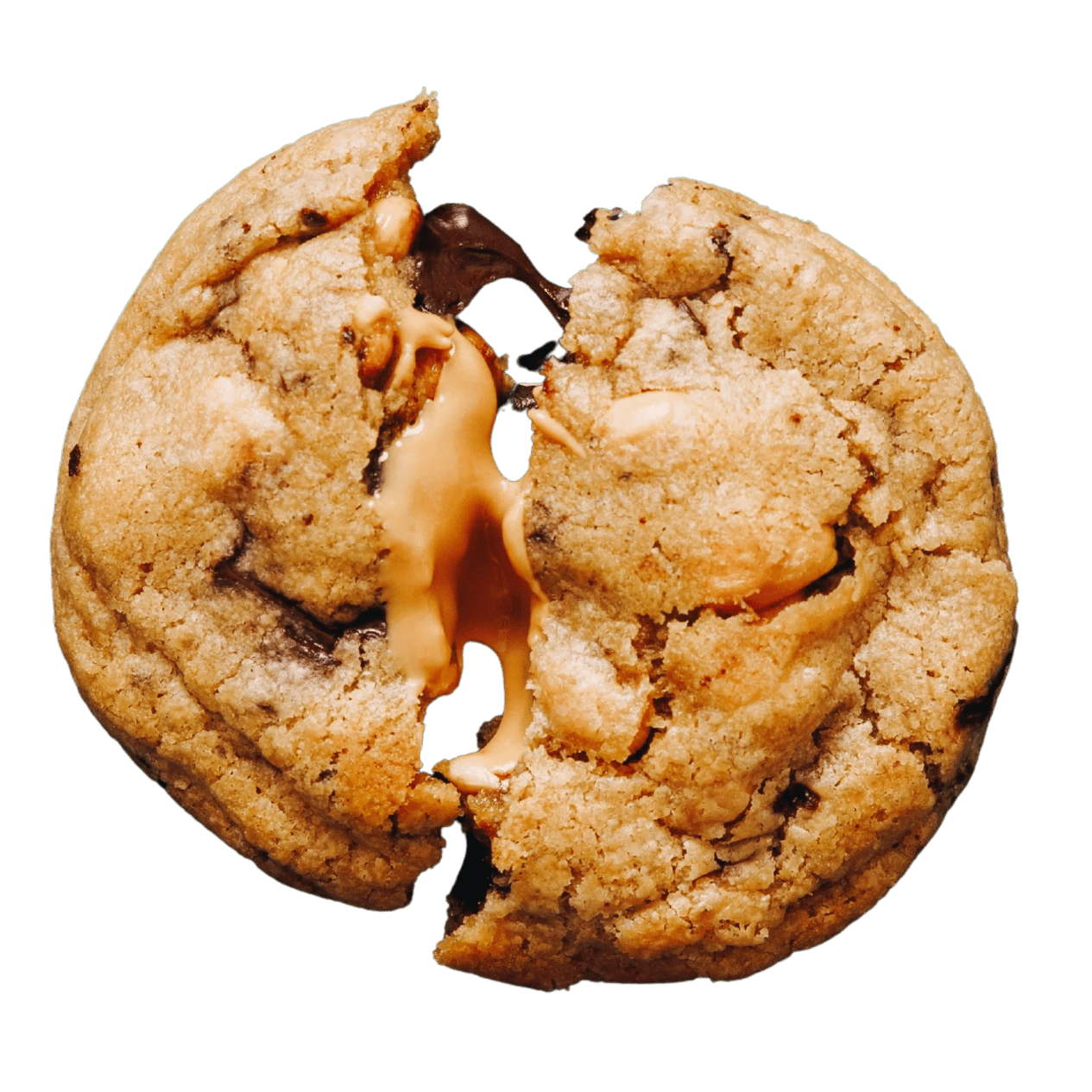 Peanut butter cookie, top view, dark chocolate, cookie in half