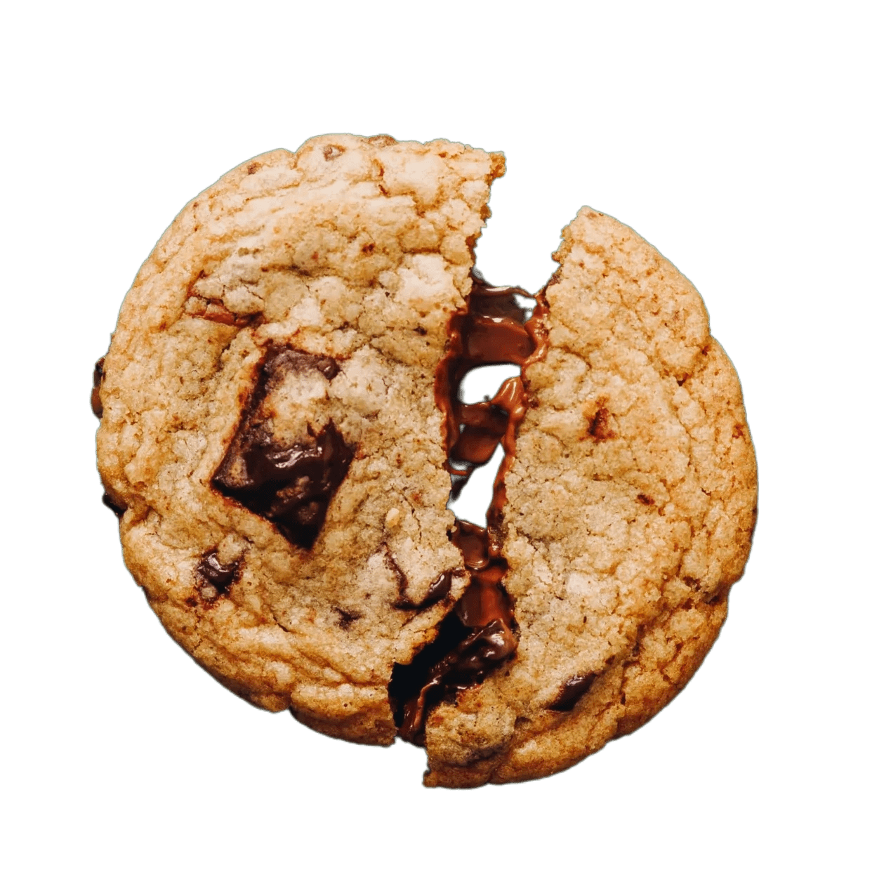 Flatline cookie, choc chip cookie, top view, cookie in half
