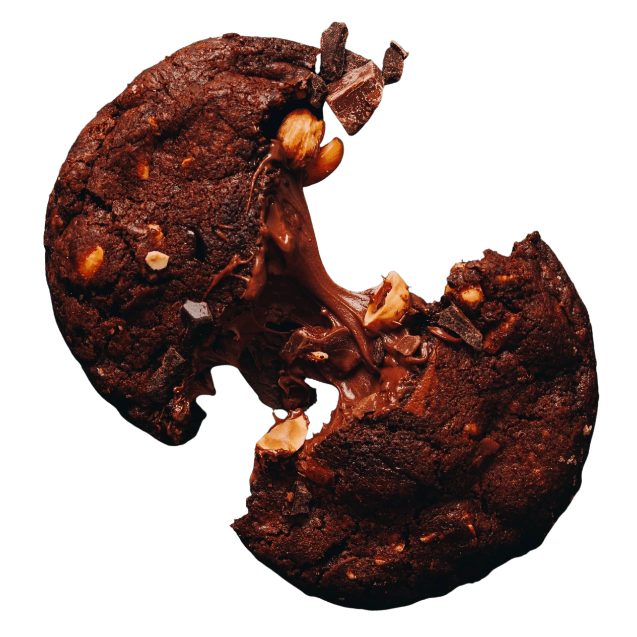 Chocolate cookie, NUTELLA®, hazelnuts, top view, cookie in half
