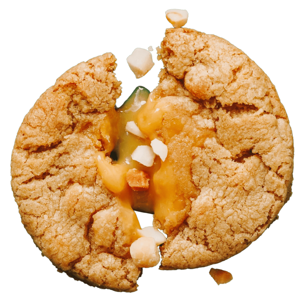 Lemon curd cookie, roasted macadamias, top view, cookie in half 